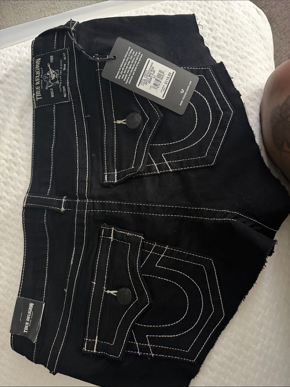 True Religion Black Denim Cutoff Shorts with White Contrast Stitching